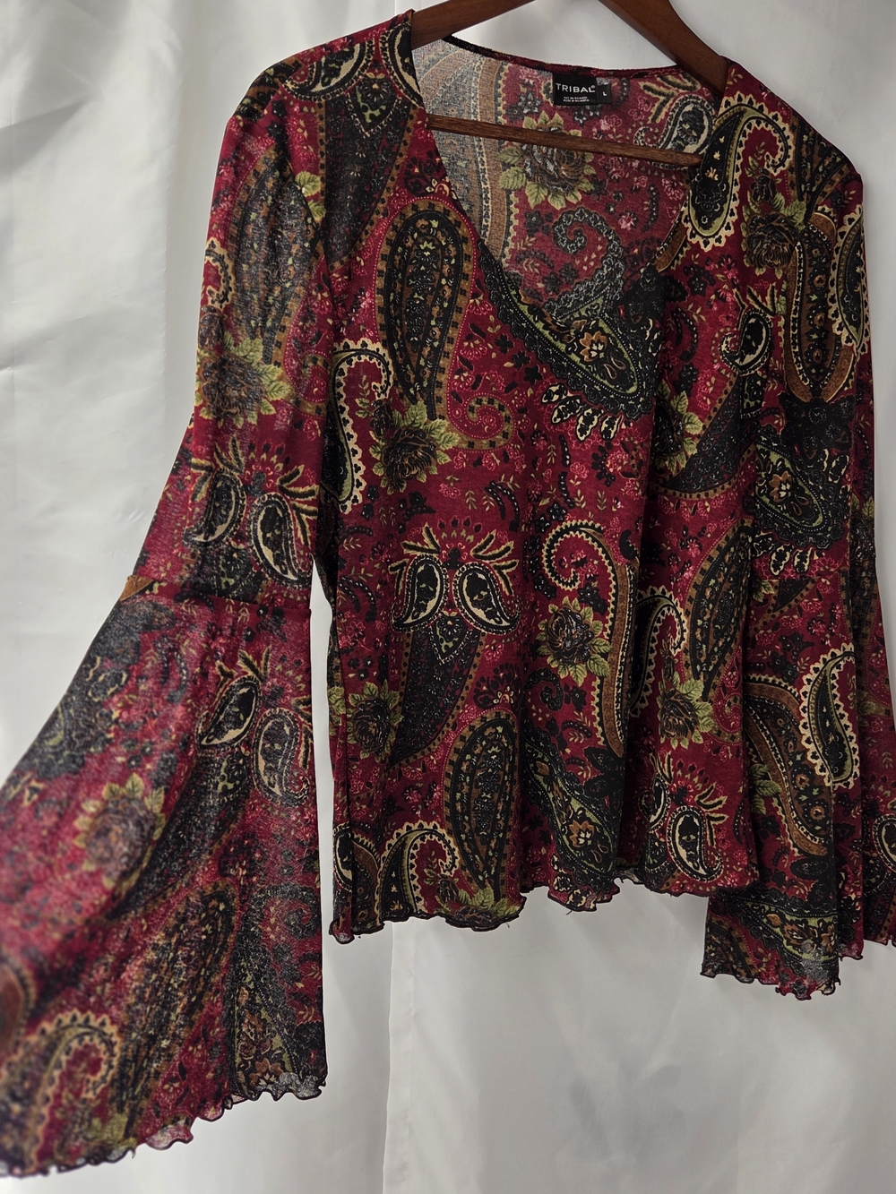 Vintage Tribal Y2K Mesh Paisley Bell Sleeve Blouse L Whimsigoth Fairy Grunge